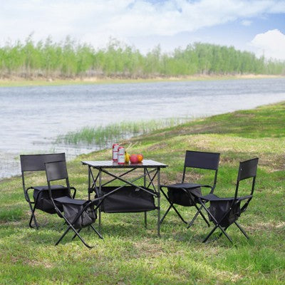 DSVIMOY Folding Chair, 5-Piece Folding Outdoor Chairs Set With 1 Table, Camping Chair For Picnics, Backyard, Black & Gray, 19.3"*15.35"*30.5"