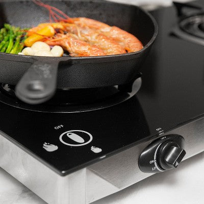 XtremepowerUS Double Burner Stove Brass Tempered Ignition LPG, With Regulator Gas Range, Black
