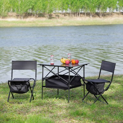 DSVIMOY Folding Chair, 3-Piece Folding Outdoor Chairs Set With 1 Table, Camping Chair For Picnics, Backyard, Black & Gray, 19.3"*15.35"*30.5"