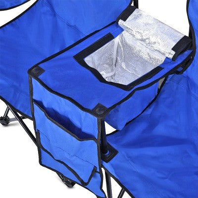 GoTeam Double Folding Camping Chair Set With Shade Umbrella, Cooler, And Carrying Bag For Camping, Beach Lounging, Tailgating, And More, Blue