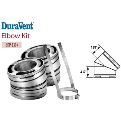 DuraVent DuraPlus 6DP-E30K 6-Inch 30-Degree Dual Layer Stainless Steel/Galvalume 360-Degree Swiveling Elbow Kit For Wood Stove Exhaust Vents, Silver