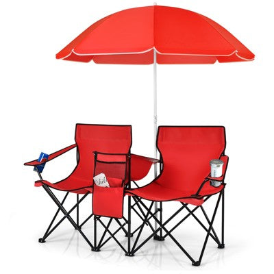 Tangkula Portable Double Camping Chair, Folding Picnic Loveseat W/ Removable Adjustable Umbrella, Side Pocket & Cupholder Red/Gray/Black/Turquoise