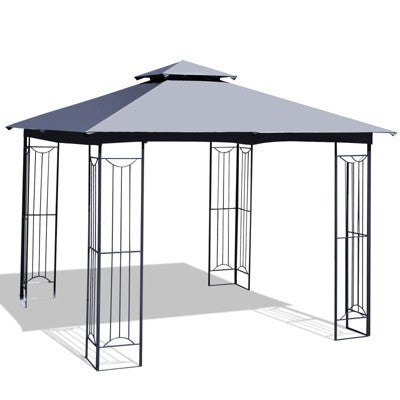 Tangkula 2-Tiers 10'x10' Outdoor Canopy Gazebo Heavy-Duty Steel Frame Party Patio Large Canopy L-Shaped Gazebo Beige/Grey