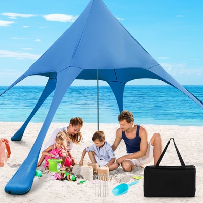 Tangkula 20 X 20 FT Beach Tent Beach Canopy W/ UPF50+ Sun Protection Carrying Bag & Sand Shovel Aluminum Pole & 6 Ground Stakes Blue/Green