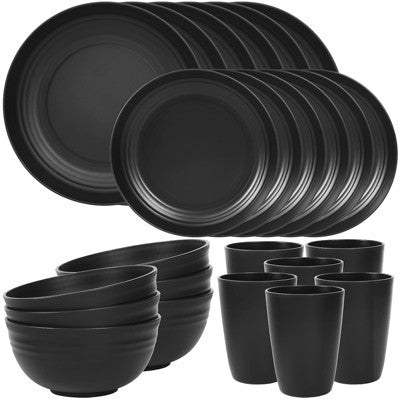 Itopfox 24-Piece Dinnerware Set For 6, Unbreakable Wheat Straw Plates & Bowls, Dishwasher & Microwave Safe, RV, Beach House & Daily Use, Black