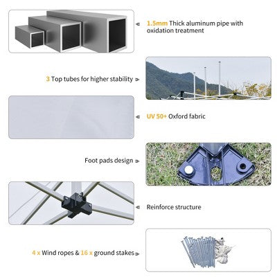 Outsunny 10'x20' Aluminum Pop Up Canopy Folding Instant Shelter Party Tent With Wheeled Bag, Thicker Tube, Ground Stakes For Patio Backyard