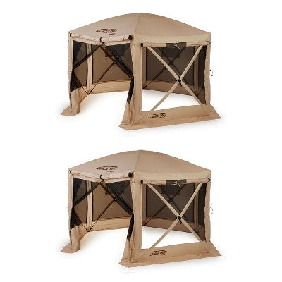 CLAM Quick Set Pavilion 12.5 X 12.5 Foot Portable Pop Up Outdoor Camping GazEbo Screen Tent Canopy Shelter With Ground Stakes & Bag, Brown (2 Pack)