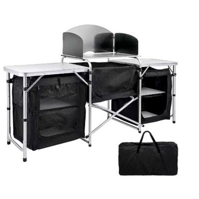 MPM 6' Aluminum Portable Fold-Up Camping Kitchen With Windscreen And 5 Enclosed Cupboards, Cook Station, For BBQ, Camping, Picnic, Backyard