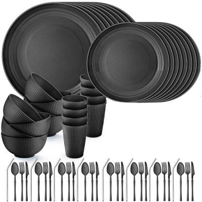 Itopfox 64-Piece Wheat Straw Dinnerware Set - Unbreakable, Reusable Plates, Bowls, Cups & Utensils, Microwave & Dishwasher Safe, Perfect For Home