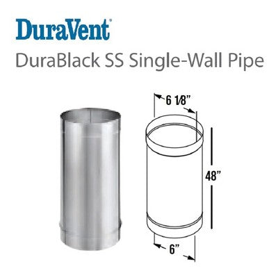 DuraVent DuraBlack 6DBK-48SS Stainless Steel Single Wall Wood Burning Stove Pipe Connector To Vent Smoke And Exhaust, 48 Inches Long X 6 Inch Diameter
