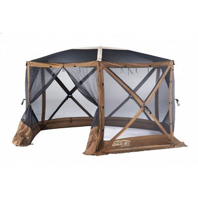  CLAM Quick-Set Escape 12 X 12 Foot Sky Screen Pop Up Camping Outdoor Gazebo 6 Sided Canopy Shelter + 6 Pack Of Wind And Sun Panels, Brown