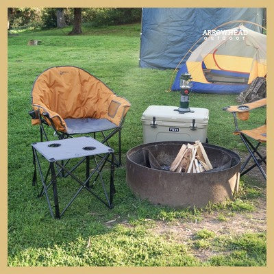  Arrowhead Outdoor Oversized Heavy-Duty Club Folding Camping Chair W/External Pocket, Cup Holder, Portable, Padded, Moon, Round, Bag (Workwear Tan)