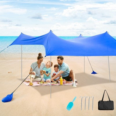 Costway Family Beach Tent Canopy W/4 Poles Sandbag Anchors 10'x9' UPF50+ Purple/Green/Blue