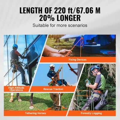  VEVOR Dual-Weave Polyester Cord, 1/2 Inch X 220 Feet, 48-Strand, 8000 LBS Tensile Strength, Multi-Use Outdoor Rope, Orange/Black