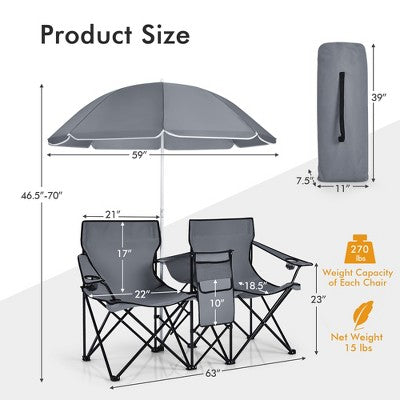  Portable Folding Picnic Double Chair W/Umbrella Table Cooler Beach Camping Turquoise\Black\Red\Gray