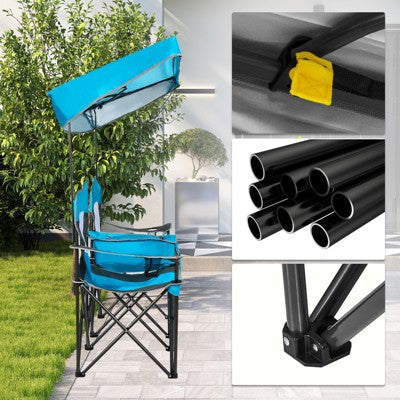  Gymax Double Folding Camping Chairs W/ Carrying Bag Outdoor 2-Seat Picnic Chair W/ Adjustable & Detachable Canopy Portable & Foldable Loveseat
