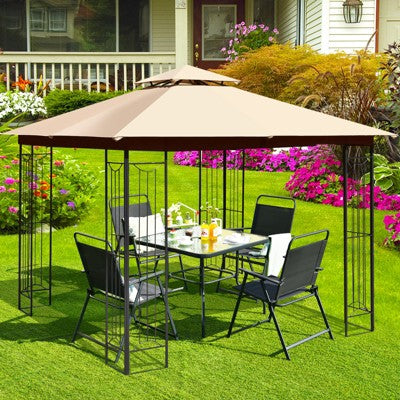  Tangkula 2-Tiers 10'x10' Outdoor Canopy Gazebo Heavy-Duty Steel Frame Party Patio Large Canopy L-Shaped Gazebo Beige/Grey