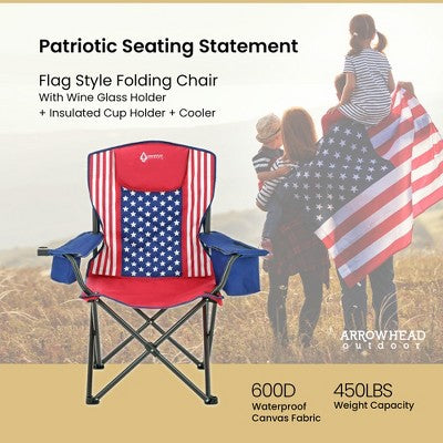  Arrowhead Outdoor Portable Folding Camping Quad Chair W/ 6-Can Cooler, Heavy-Duty Carrying Bag, Supports Up To 450lbs (American Flag)