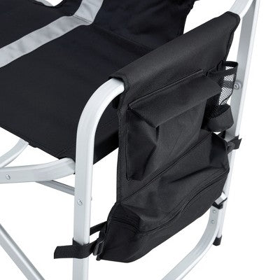  Airsurfer 1-Piece Padded Folding Directors Chair With Side Table & Storage Pockets, Oversized Lightweight Chair For Camping, Fishing, Black/Grey