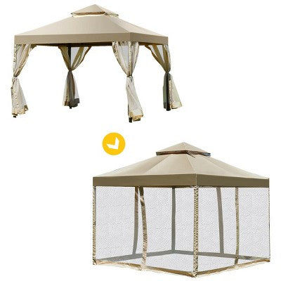  Costway Outdoor 2-Tier 10'x10' Gazebo Canopy Shelter Awning Tent Patio Garden Screw-free Structure Brown
