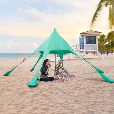  Tangkula 20 X 20 FT Beach Tent Beach Canopy W/ UPF50+ Sun Protection Carrying Bag & Sand Shovel Aluminum Pole & 6 Ground Stakes Blue/Green