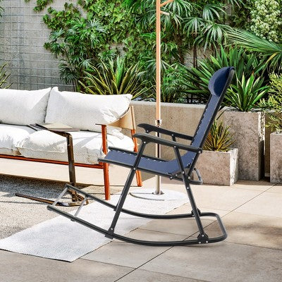  Costway Folding Zero Gravity Rocking Chair Rocker Porch Outdoor Patio Headrest Blue