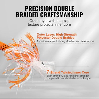  VEVOR Dual-Weave Polyester Cord, 1/2 Inch X 220 Feet, 48-Strand, 8000 LBS Tensile Strength, Multi-Use Outdoor Rope, Orange/Black