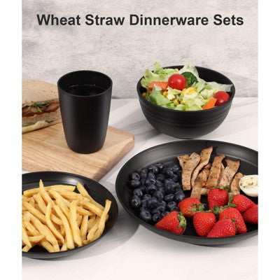  Itopfox 24-Piece Dinnerware Set For 6, Unbreakable Wheat Straw Plates & Bowls, Dishwasher & Microwave Safe, RV, Beach House & Daily Use, Black