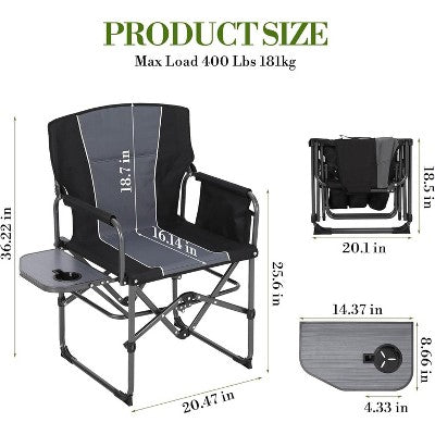  2 Pack Oversized Director's Camping Chairs, Heavy-Duty Folding With Side Table & Storage Pouch, 330 Lb Capacity, Beach, Picnic, Tailgating
