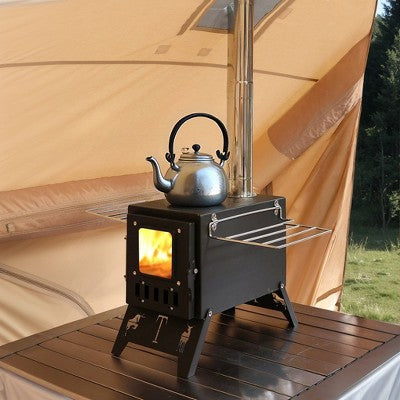  Fortune Candy 1 Set Folding Portable Wood Burning Tent Stove With Cooking Surface, Pipes And Spark Arrestor, For Camping, Hiking, Outdoor Courtyard