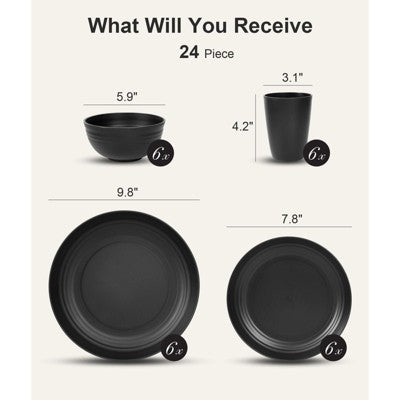  Itopfox 24-Piece Dinnerware Set For 6, Unbreakable Wheat Straw Plates & Bowls, Dishwasher & Microwave Safe, RV, Beach House & Daily Use, Black