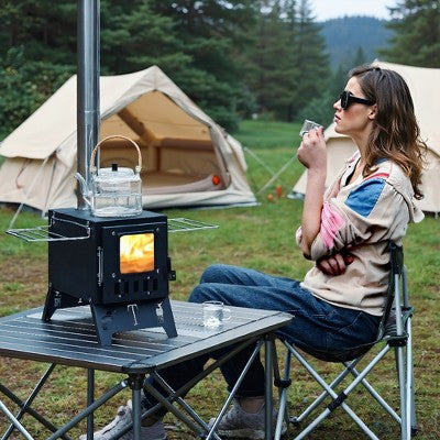  Fortune Candy 1 Set Folding Portable Wood Burning Tent Stove With Cooking Surface, Pipes And Spark Arrestor, For Camping, Hiking, Outdoor Courtyard