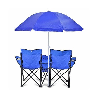  GoTeam Double Folding Camping Chair Set With Shade Umbrella, Cooler, And Carrying Bag For Camping, Beach Lounging, Tailgating, And More, Blue