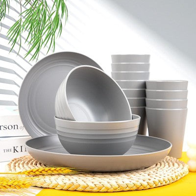  Itopfox 48-Piece Grey Wheat Straw Dinnerware Set Unbreakable Plates, Bowls, And Cups For 12, Dishwasher Safe, Perfect For Camping, BBQs & Gatherings