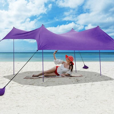  Costway Family Beach Tent Canopy W/4 Poles Sandbag Anchors 10'x9' UPF50+ Purple/Green/Blue