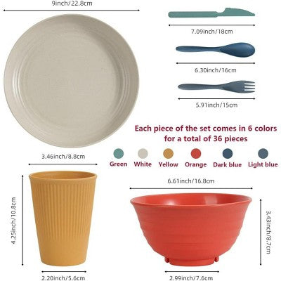  Itopfox Wheat Straw Dinnerware Set, 36-Piece Unbreakable Plates & Bowls, Eco-Friendly & Microwave Safe, Ideal For Camping, Picnics & Home Use