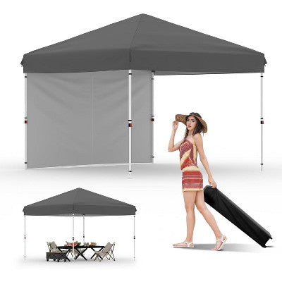  10x10 FT Instant Pop Up Canopy Tent – One-Button Setup With 1 Sidewall, 3 Adjustable Heights & 4 Sandbags, Portable Outdoor Shelter