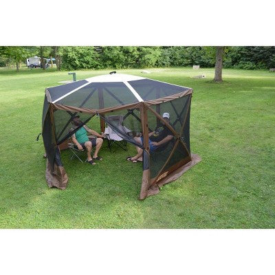  CLAM Quick-Set Escape 12 X 12 Foot Sky Screen Pop Up Camping Outdoor Gazebo 6 Sided Canopy Shelter + 6 Pack Of Wind And Sun Panels, Brown