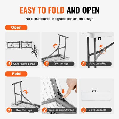  VEVOR Plastic Folding Bench, 6 FT Portable Folding Bench, Smooth HDPE Waterproof Outdoor Bench, Picnic Camping Dining Seat With Carrying Handle