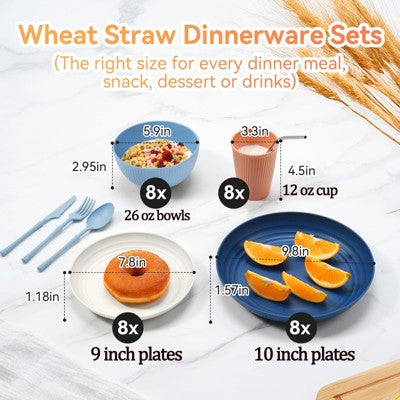  Itopfox 64-Piece Wheat Straw Dinnerware Set - Unbreakable, Reusable Plates, Bowls, Cups & Utensils, Microwave & Dishwasher Safe, Perfect For Home