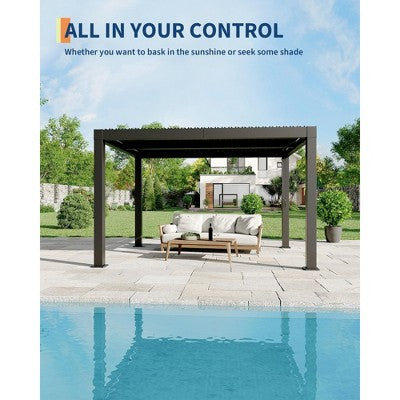  All-Aluminum Louvered Pergola, Outdoor Pergola With Adjustable Louvered Roof, Reinforced Aluminum Frame, Integrated Drainage System, Gray