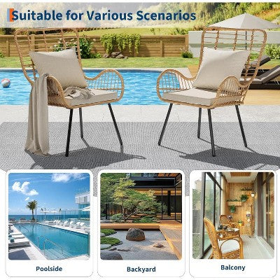  Outdoor Wicker Patio Set For 4, 4 Pieces Outdoor Rattan Chairs, All-Weather Wicker Furniture For Porch, Backyard With Cushions & Pillows, Boho Style