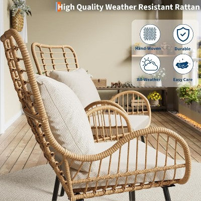 Outdoor Wicker Patio Set For 4, 4 Pieces Outdoor Rattan Chairs, All-Weather Wicker Furniture For Porch, Backyard With Cushions & Pillows, Boho Style