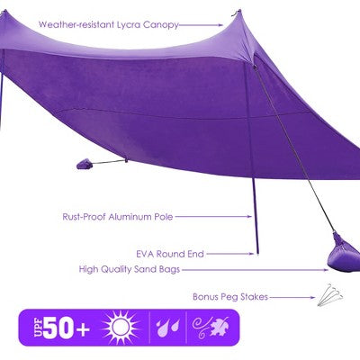  Costway Family Beach Tent Canopy W/4 Poles Sandbag Anchors 10'x9' UPF50+ Purple/Green/Blue