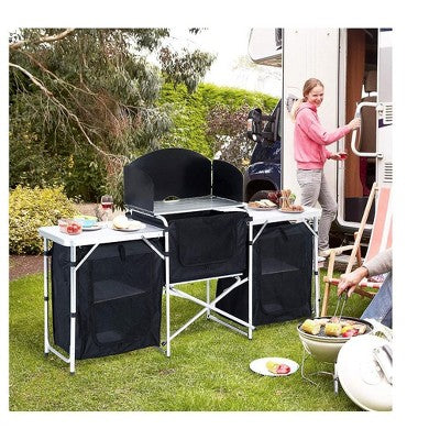  MPM 6' Aluminum Portable Fold-Up Camping Kitchen With Windscreen And 5 Enclosed Cupboards, Cook Station, For BBQ, Camping, Picnic, Backyard