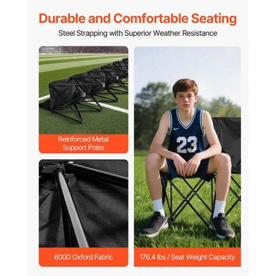  VEVOR Portable Folding Bench, 6 Seat Soccer Bench With Multiple Storage Pockets & Carrying Bag, Lightweight Sideline Seating With Back Rest, Black
