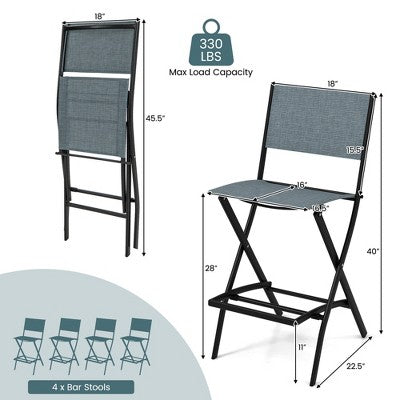 Costway Set Of 4 Outdoor Bar Chair Folding Bar Height Stool With Metal Frame Blue/Coffee