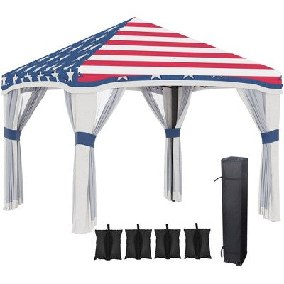  Outsunny 10' X 10' Pop Up Canopy With Nettings, Foldable Party Tent With Wheeled Carry Bag And 4 Sand Bags