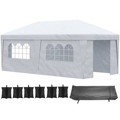  Outsunny 19' X 10' Large Party Tent, Height Adjustable Pop Up Canopy With Weight Bags And Wheeled Carry Bag