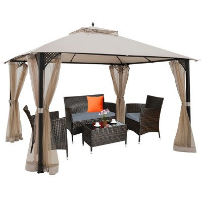 Costway 12' X 10' Outdoor Patio Gazebo Canopy Shelter Double Top Sidewalls Netting Brown\ Beige
